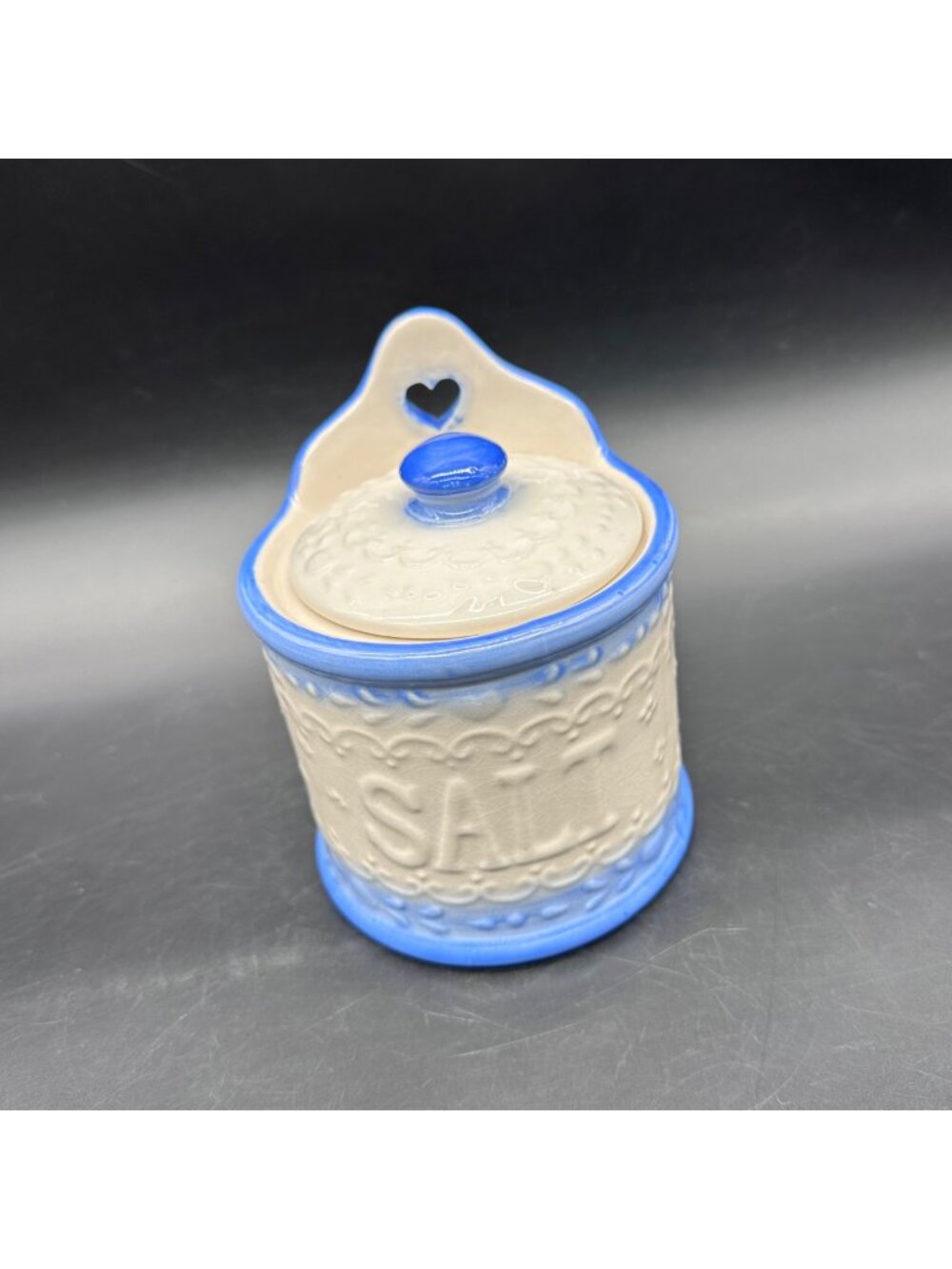 Salt Box Cellar Cracker Barrel Ceramic Blue White Canister Kitchen Decor Retro
